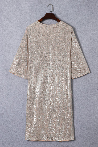 Apricot Sequin 3/4 Sleeve Open Front Duster Cardigan Shewin