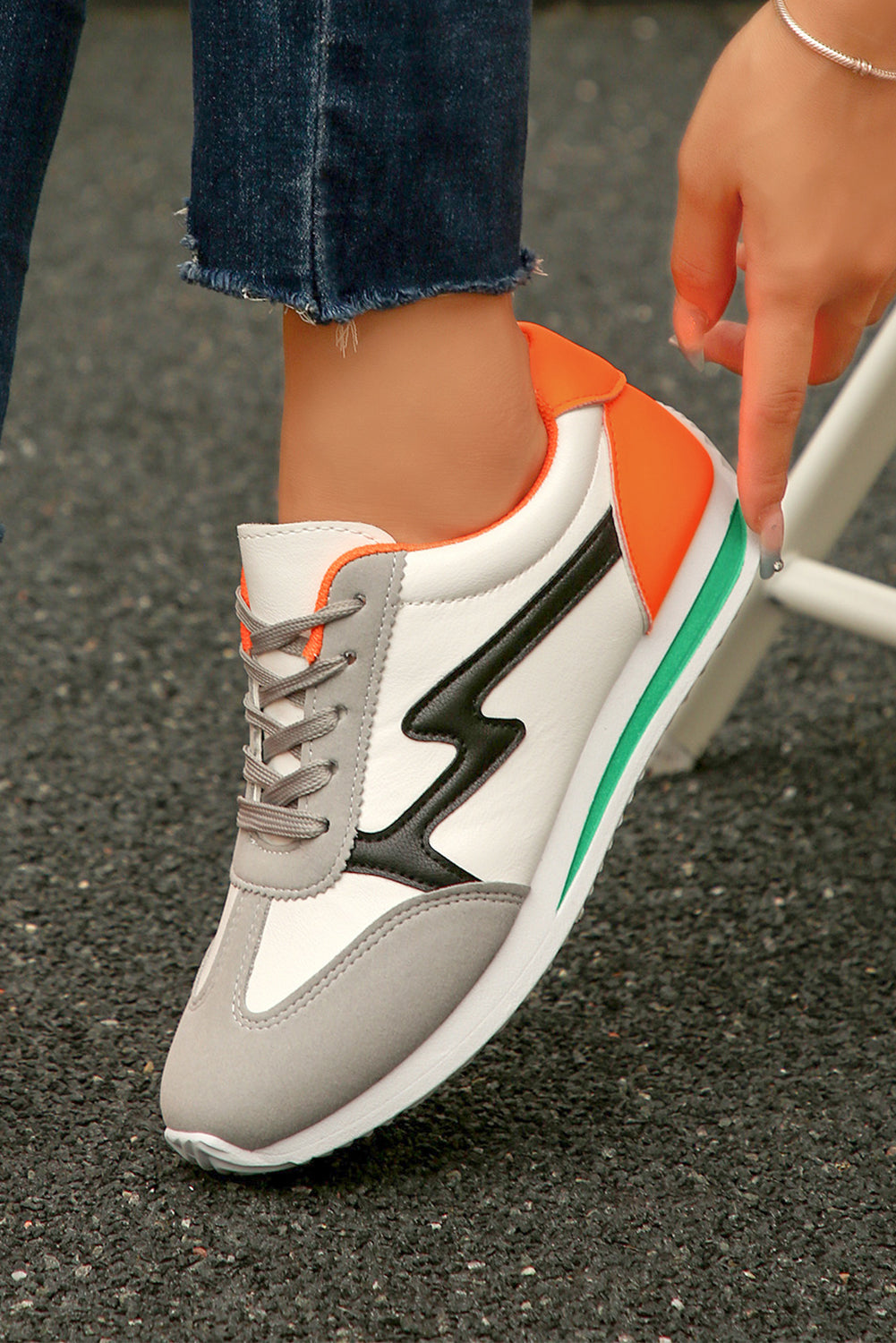 White PU Leather Color Block Patchwork Lace Up Sneakers Shewin