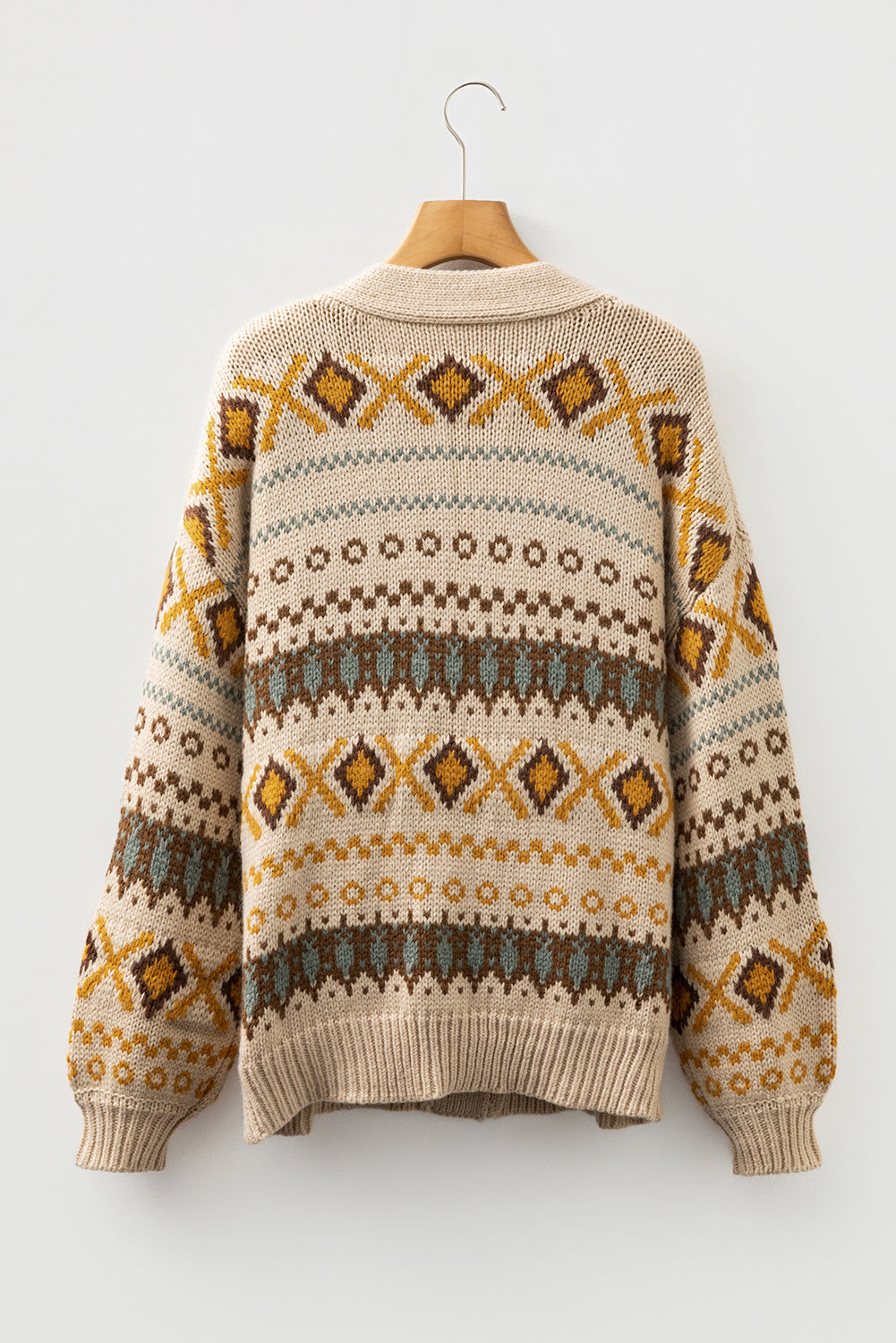 Khaki Geometric Pattern Button V Neck Cardigan Shewin