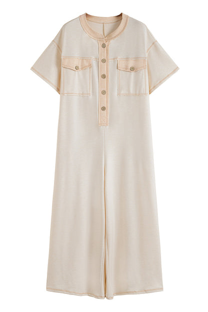 Beau Blue Patchwork Pocket Short Sleeve Jumpsuit Shewin