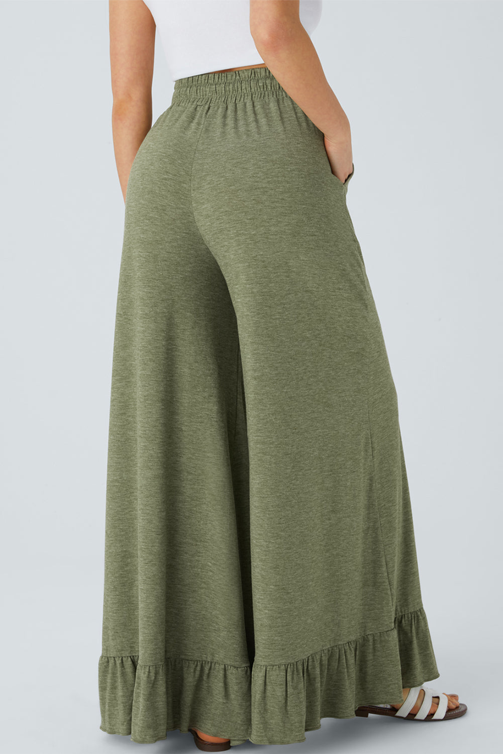 Dune Solid Color Ruffle Hem Wide Leg Pants Shewin
