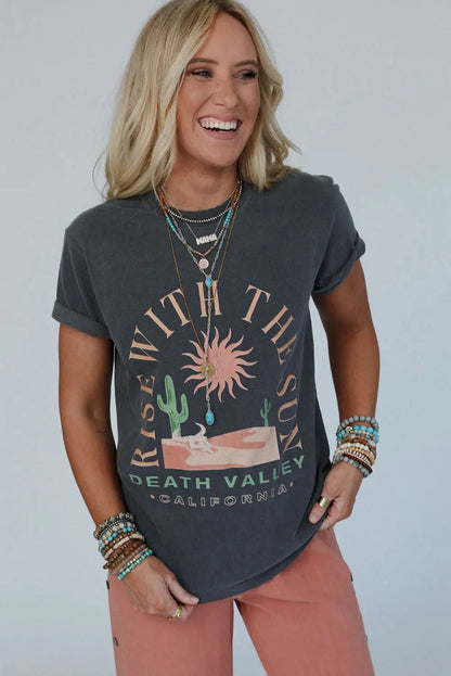 Dark Grey RISE WITH THE SUN Graphic Tee Shewin