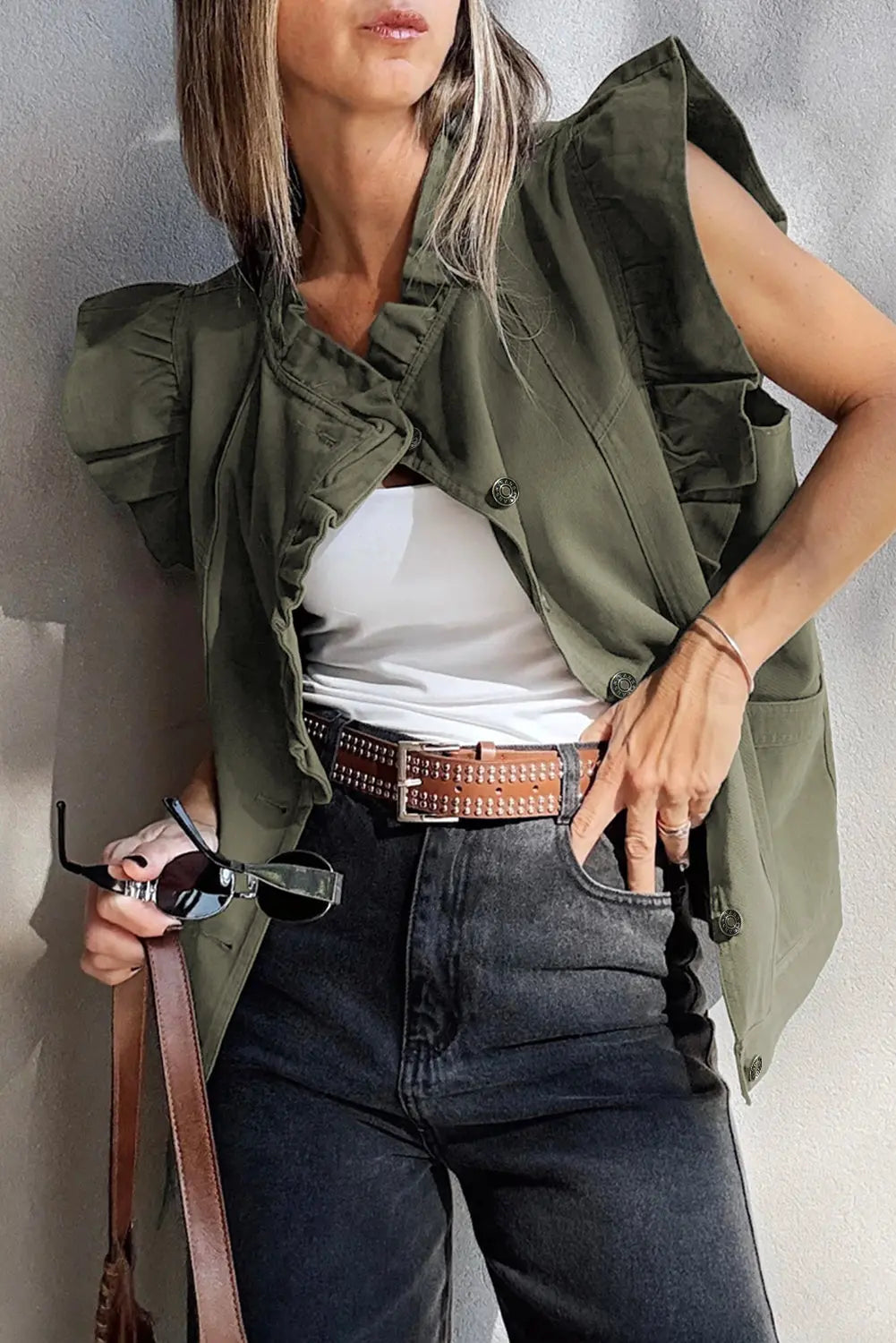 Green Bay Ruffle Plain Denim Jacket Vest Shewin
