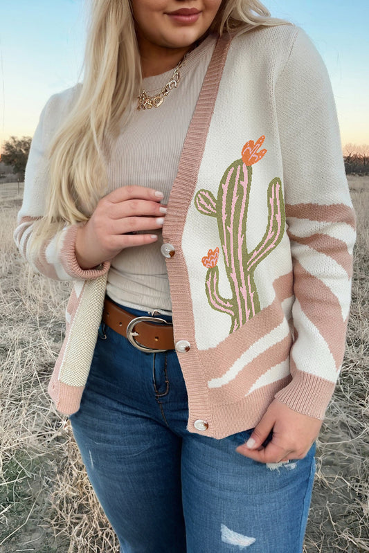 Apricot Cactus Print V Neck Plus Size Button Cardigan