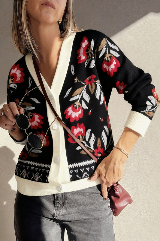 Black Floral Print Button Front V Neck Contrast Trim Cardigan