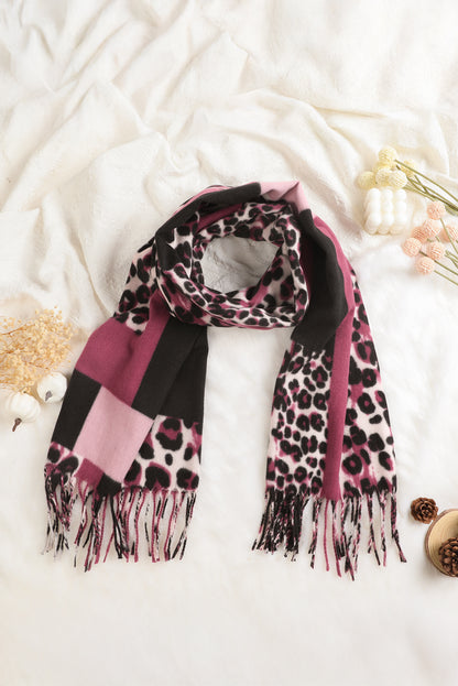 Rose Red Leopard Color Block Print Tassel Trim Terylene Scarf