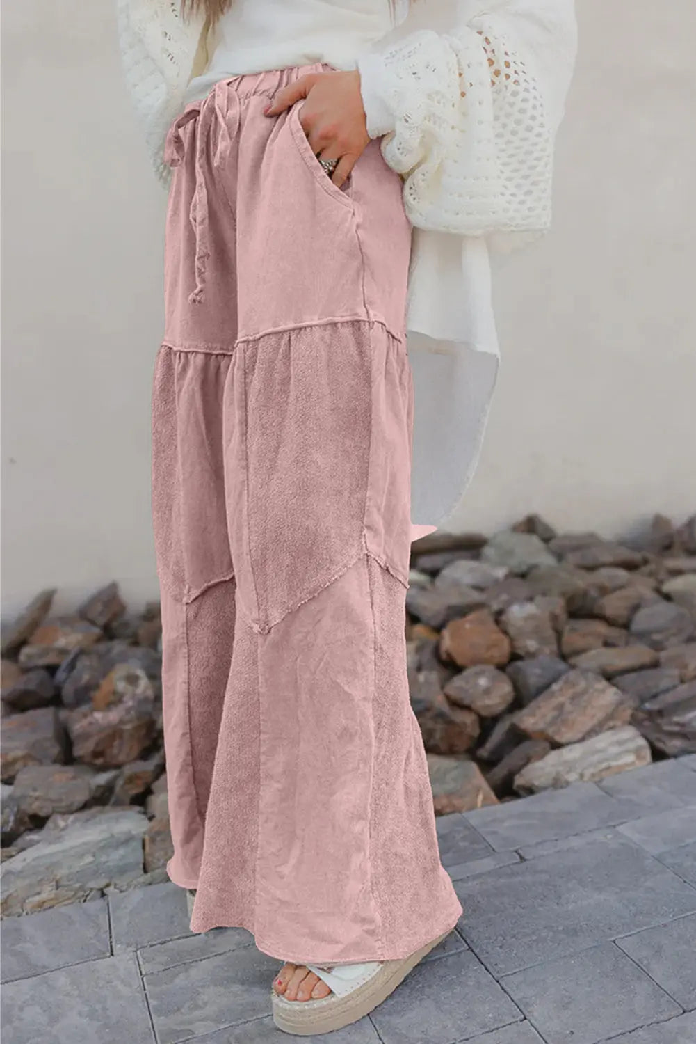 Mineral Wash Tiered Wide Leg Patchwork Drawstring Pants Shewin