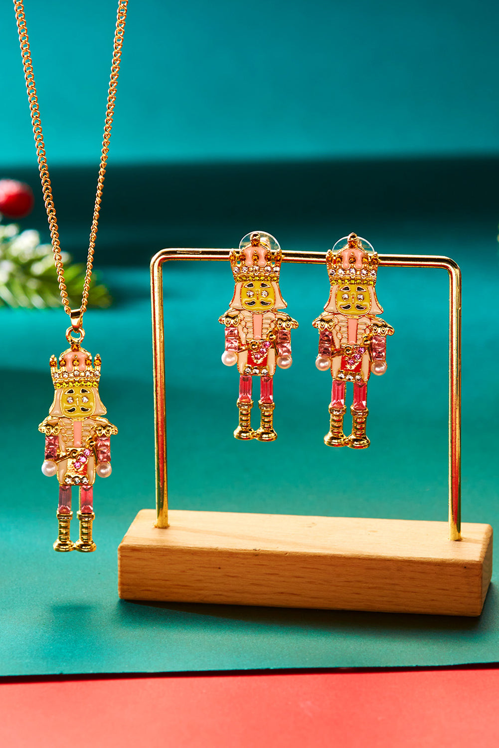 Pink Rhinestone Nutcracker Christmas Earrings