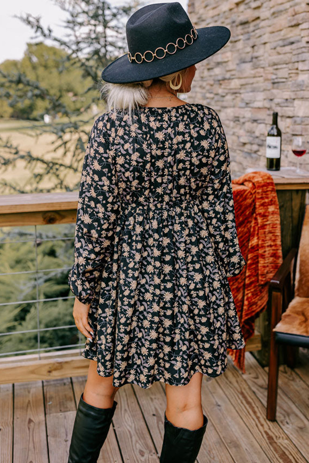 Beige Floral Smocked V Neck Bubble Sleeve Babydoll Dress Shewin