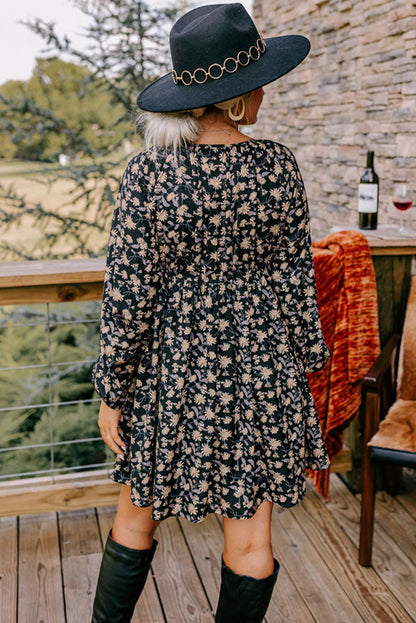 Beige Floral Smocked V Neck Bubble Sleeve Babydoll Dress Shewin