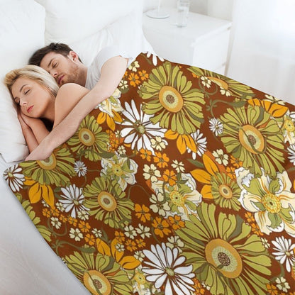 70s Retro Vintage Flower Power Pattern Boho, Orange, Brown, Throw Blanket