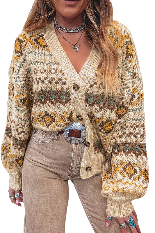 Khaki Geometric Pattern Button V Neck Cardigan Shewin