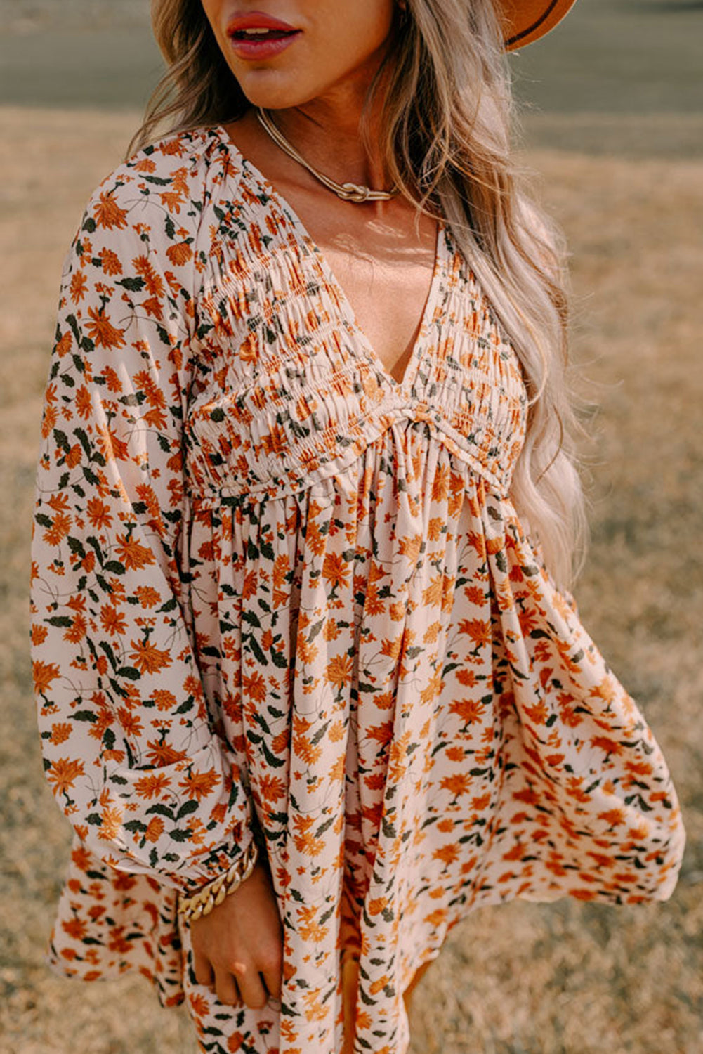 Beige Floral Smocked V Neck Bubble Sleeve Babydoll Dress Shewin