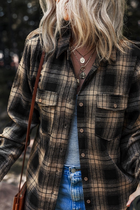 Multicolour Retro Plaid Double Flap Pocket Brushed Shacket Shewin
