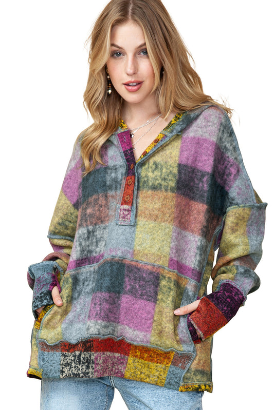 Multicolor Brushed Check Kangaroo Pocket Thumbholes Henley Hoodie Shewin
