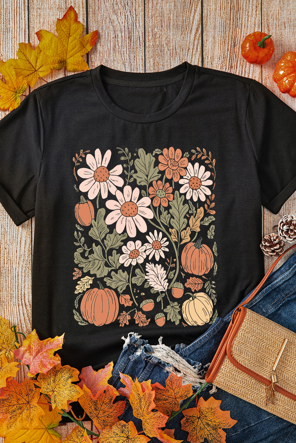 Black Wild Flower Pumpkin Print T Shirt Shewin