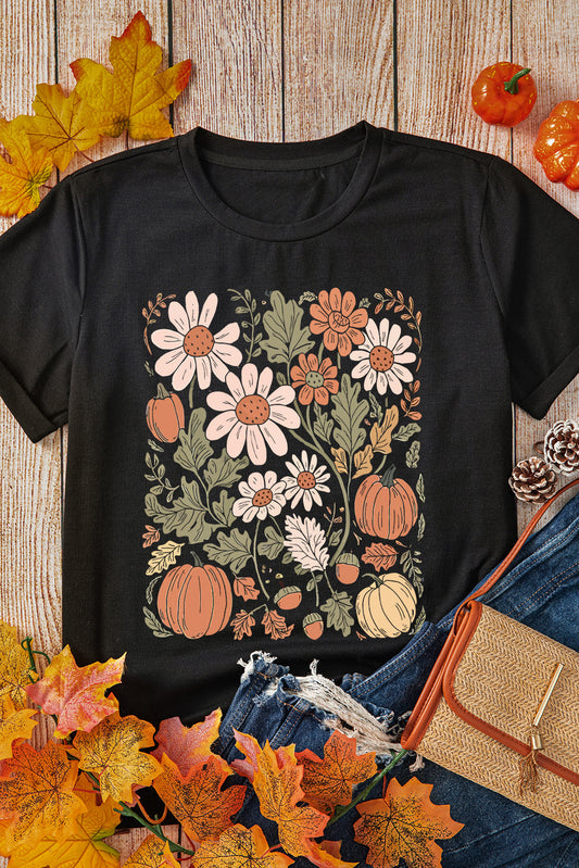 Black Wild Flower Pumpkin Print T Shirt Shewin