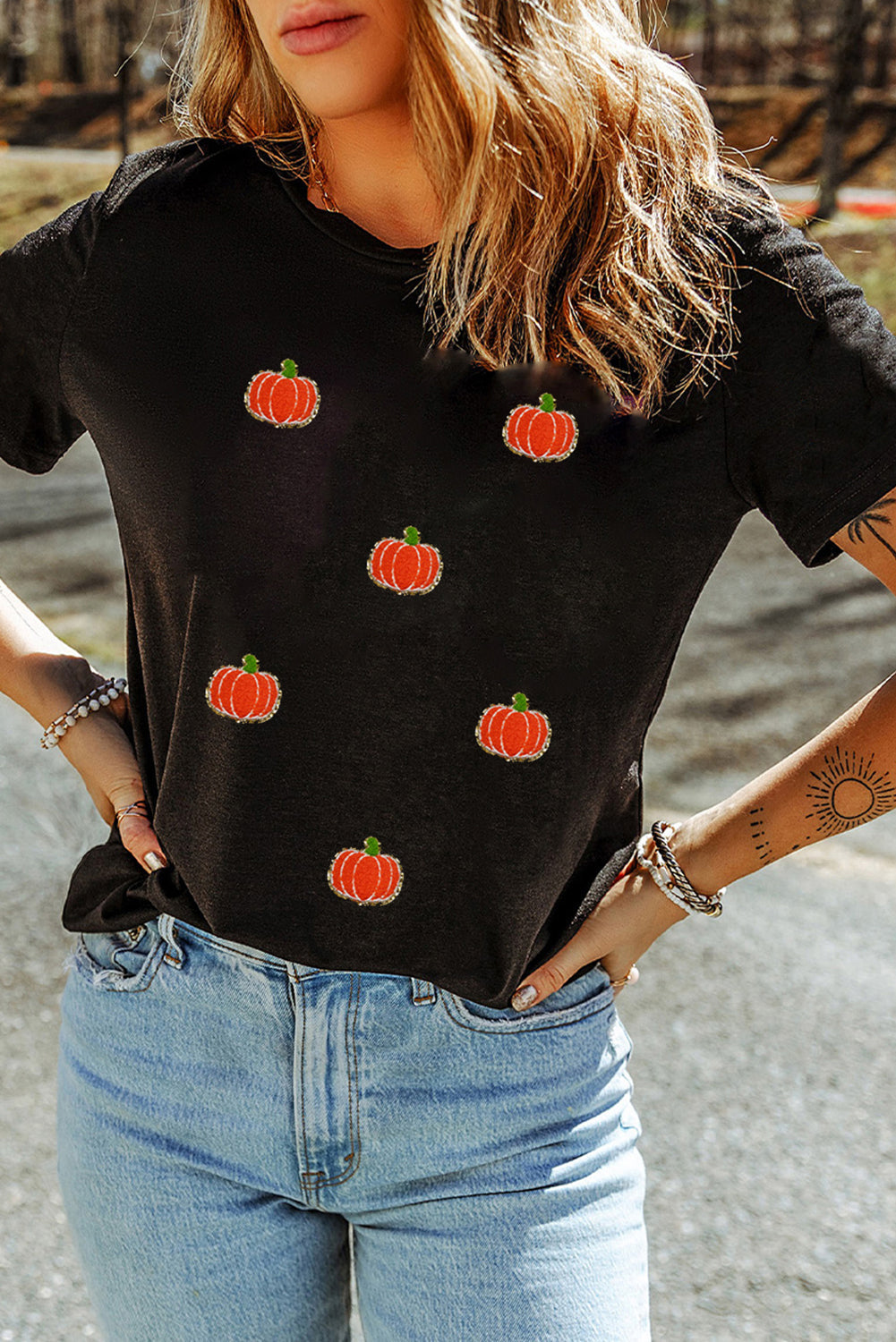 Black Chenille Pumpkin Patched Casual Cotton Blend T Shirt Shewin