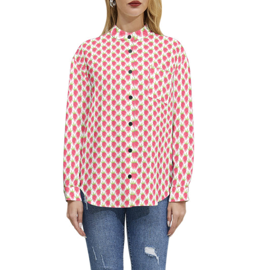 Strawberry Long Sleeve Button Up Casual Shirt Top