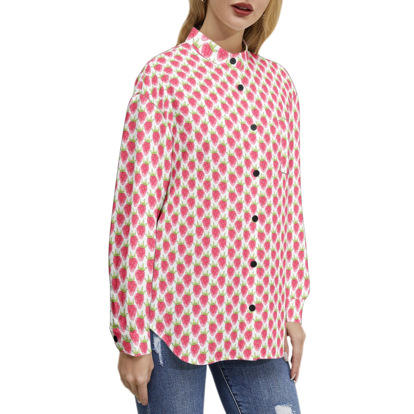 Strawberry Long Sleeve Button Up Casual Shirt Top