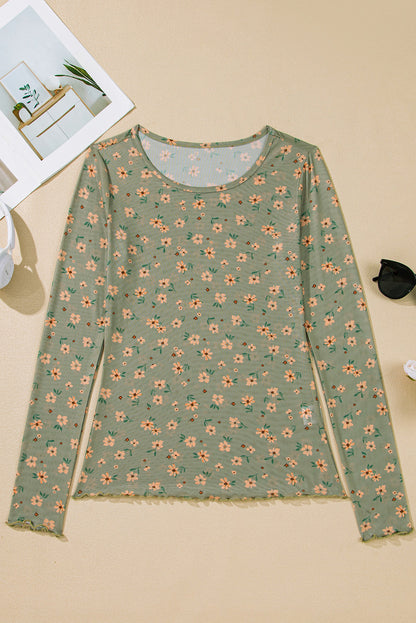 Laurel Green Vintage Floral Print Mesh Slim Fit Long Sleeve Top Shewin