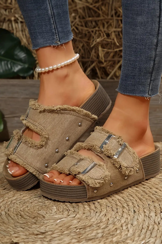 Pale Khaki Double Buckle Straps Frayed Retro Slippers Shewin