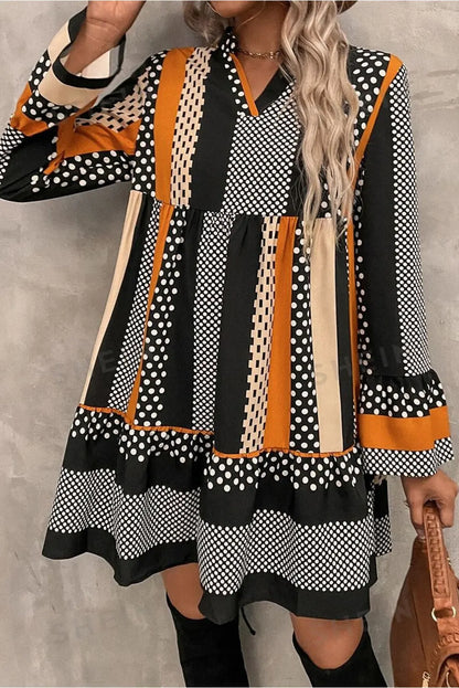 Black Striped Polka Dot Print Ruffle Hem V Neck Loose Mini Dress Shewin