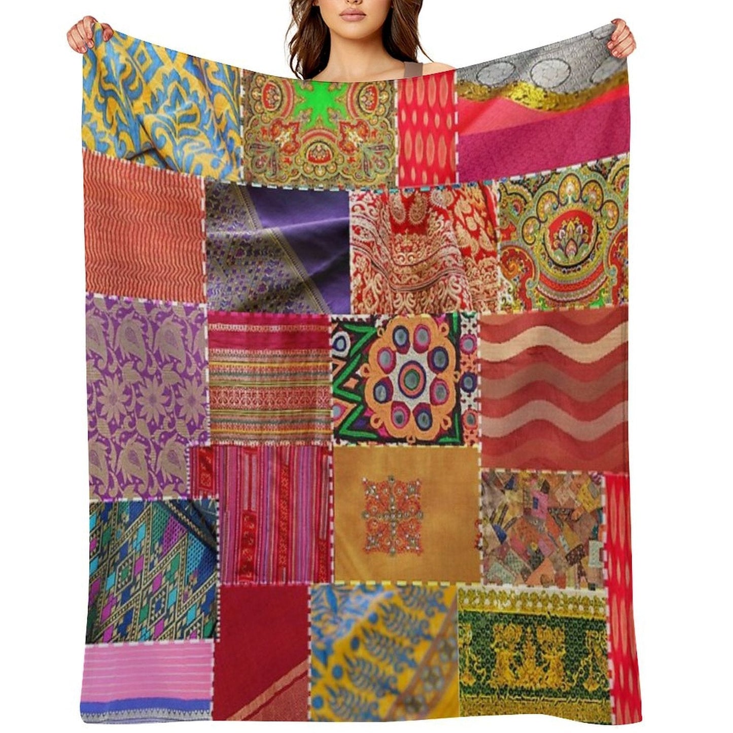 Boho Art  Sari Patchwork Quilt Throw Blanket