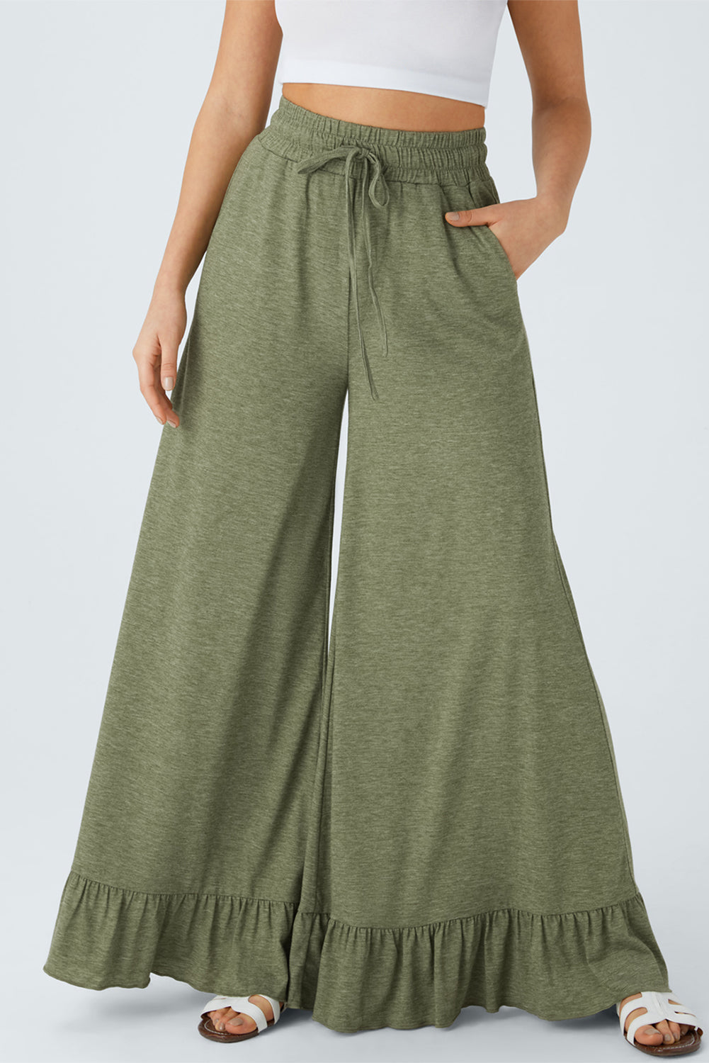 Dune Solid Color Ruffle Hem Wide Leg Pants Shewin