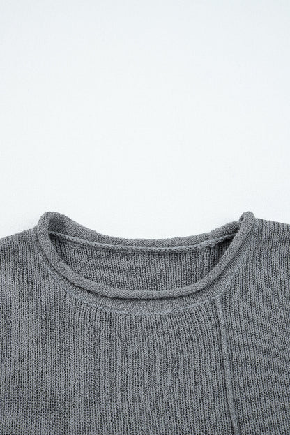 Medium Grey Raw Edge Uneven Hem Patchwork Drop Shoulder Sweater Shewin