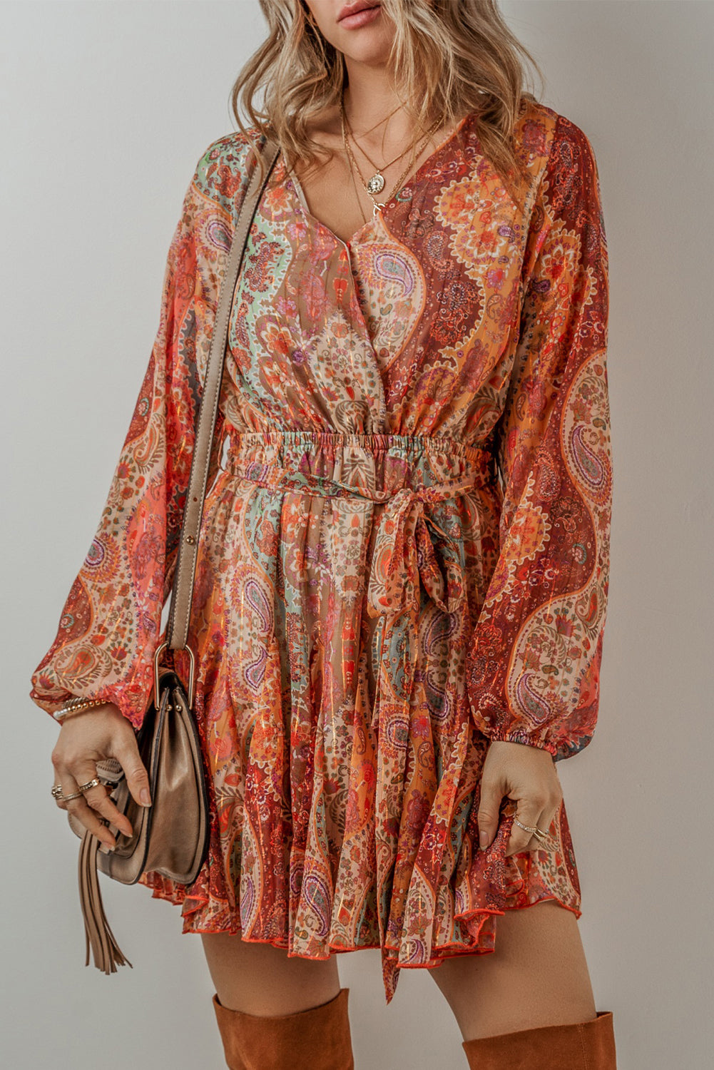 Orange Boho Paisley Print Long Sleeve Pleated Belted Mini Dress Shewin