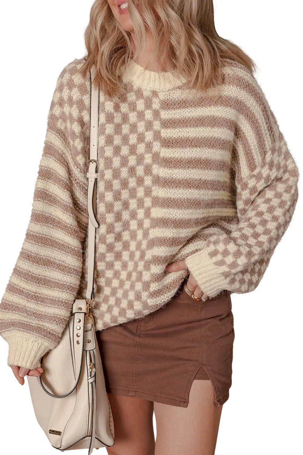 Khaki Stripe Checkerboard Drop Shoulder Balloon Sleeve Sweater Shewin