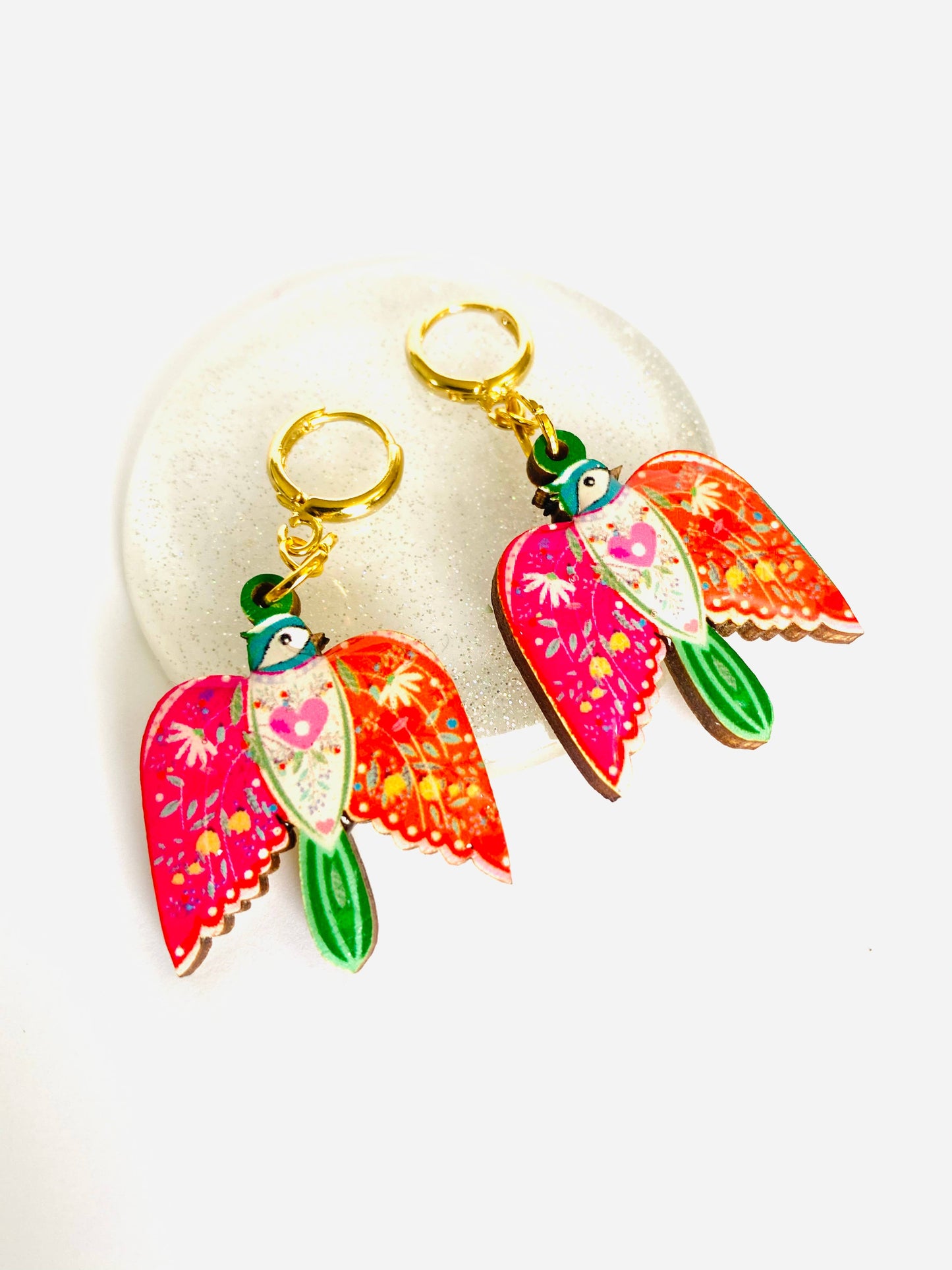 Large Bird Dangle Earrings on Huggie Hoops by Rosie Rose Parker Quirks!