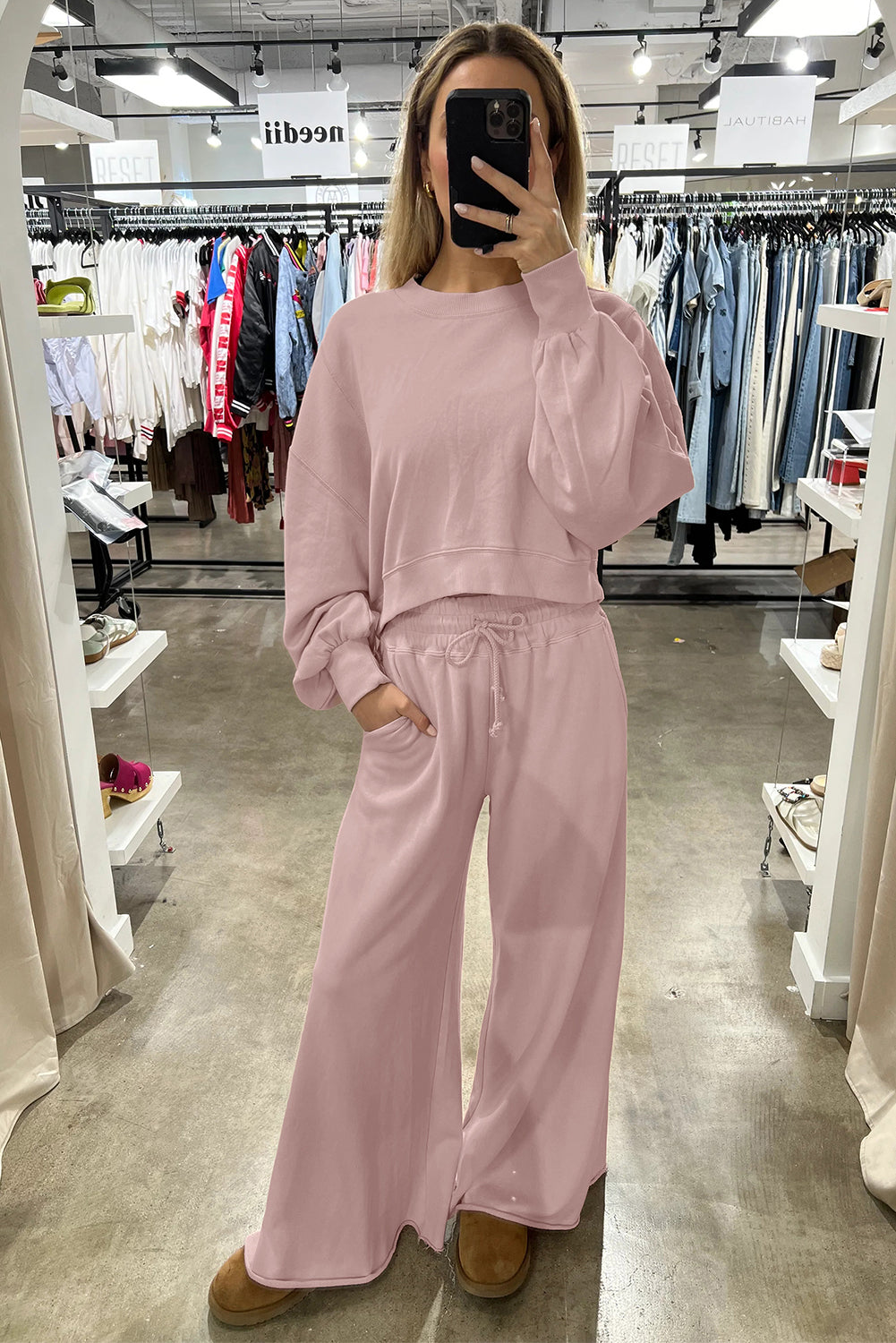 Flamingo Drop Shoulder Crop Pullover Drawstring Wide Leg Pants Set Shewin