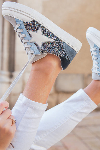 Silver Sequin Star Patch Lace Up Shoes Shewin
