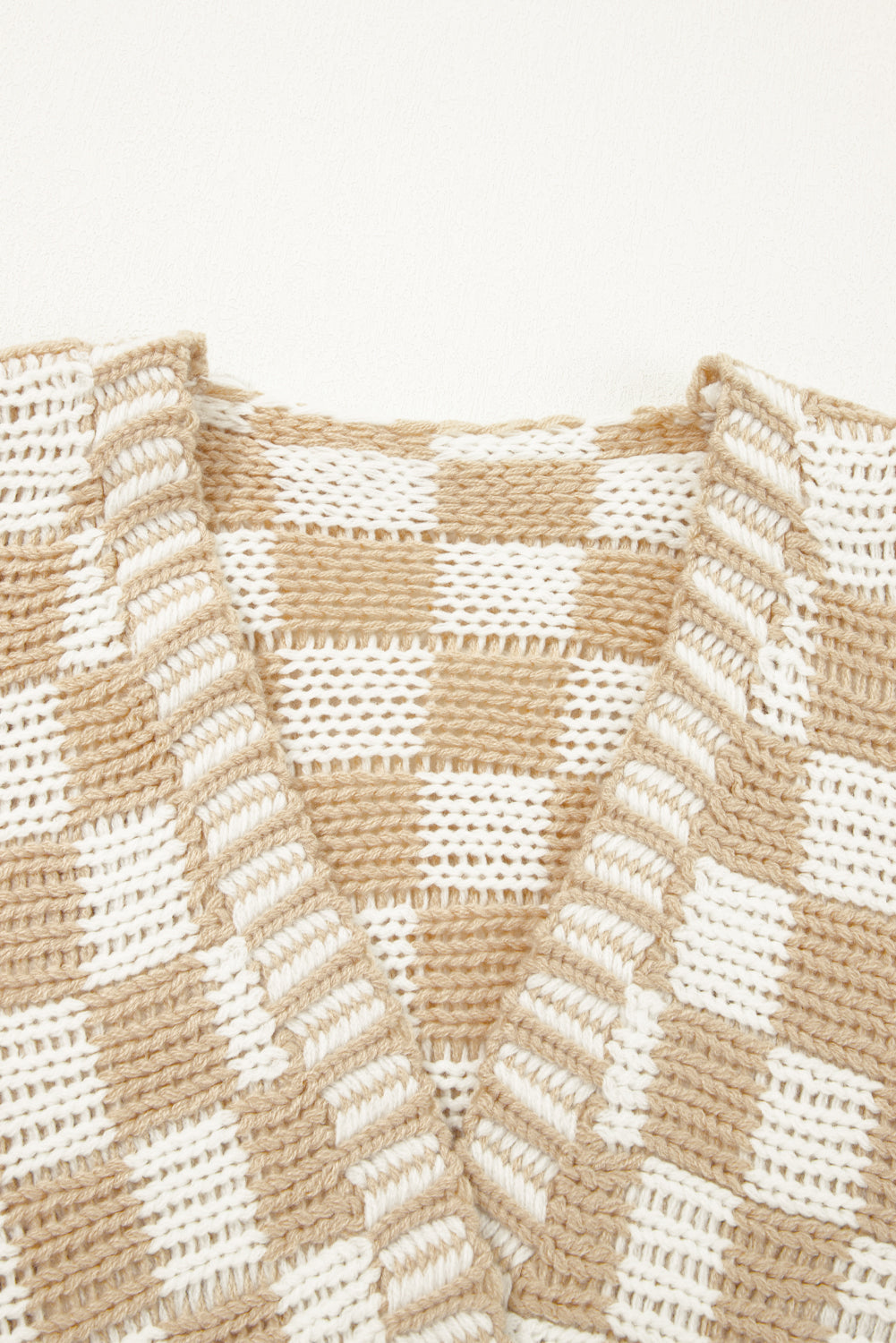 Dark Brown Colorblock Checked Loose Fit Open Front Knitted Cardigan Shewin