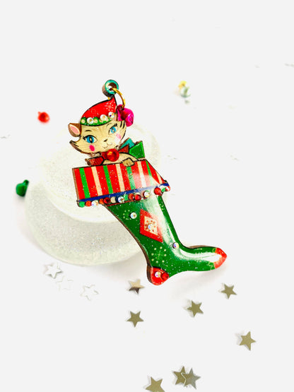 Mr Cat in a Stocking Brooch by Rosie Rose Parker