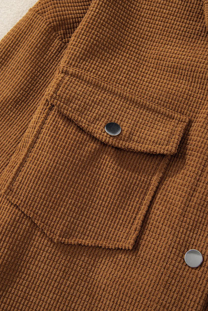 Brown Textured Flap Pocket Drop Shoulder Shacket Shewin