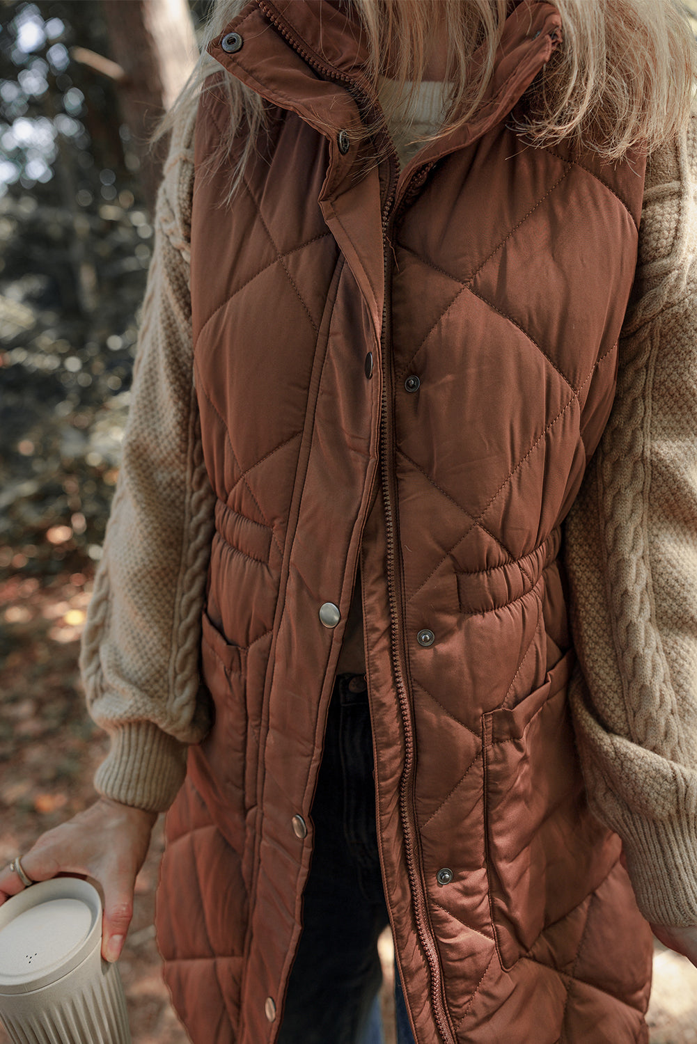 Coffee Puffer Quilted Stand Collar Pocketed Vest Coat Shewin