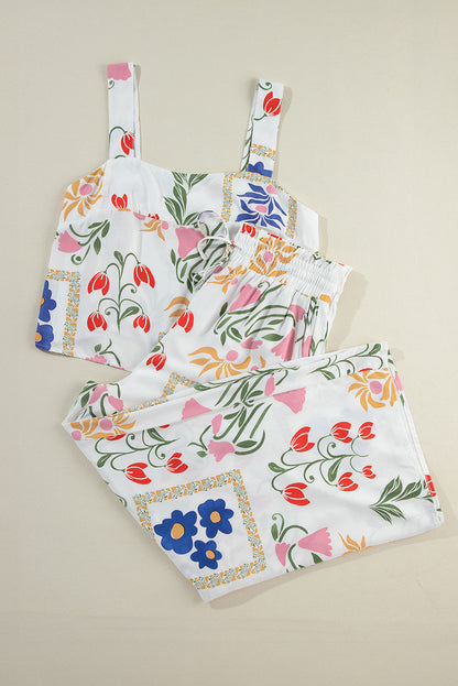White Square Neck Tank & Wide Leg Pants Boho Floral Set Shewin