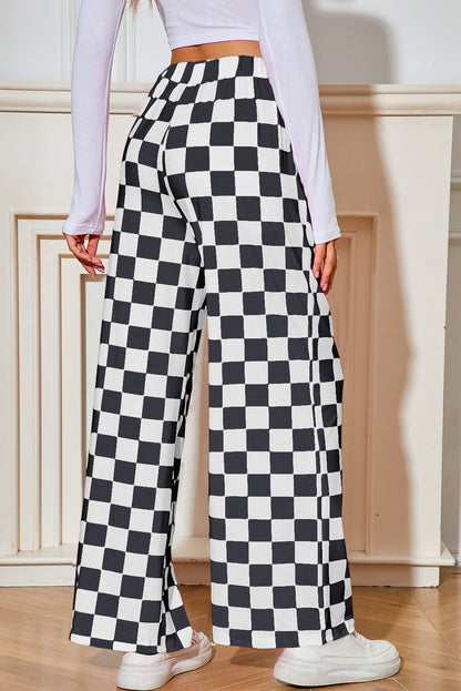 Green Checkered Print High Waist Wide Leg Pants