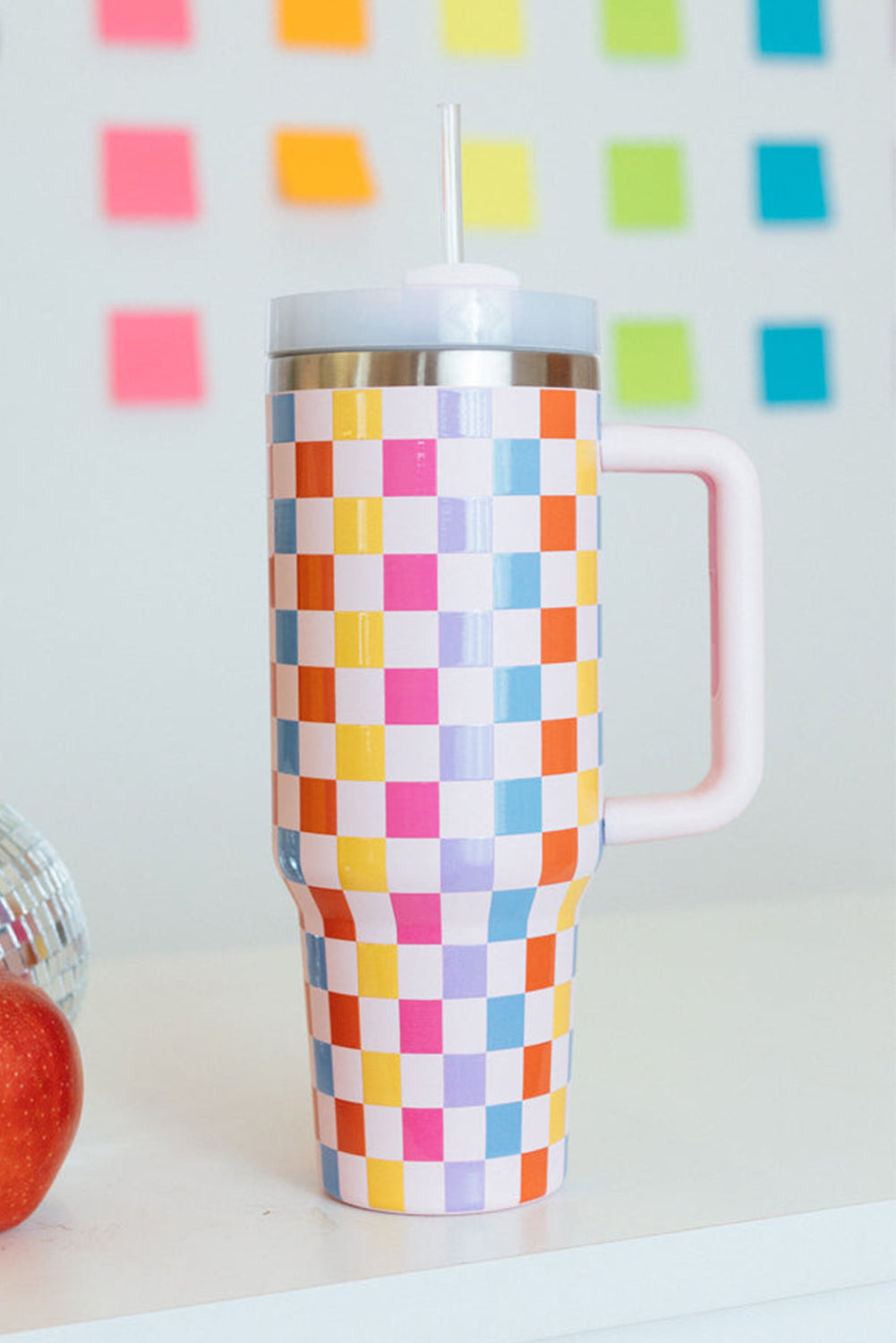 Red 40oz Colorful Checkered Print Handle Vacuum Tumbler Cup Shewin