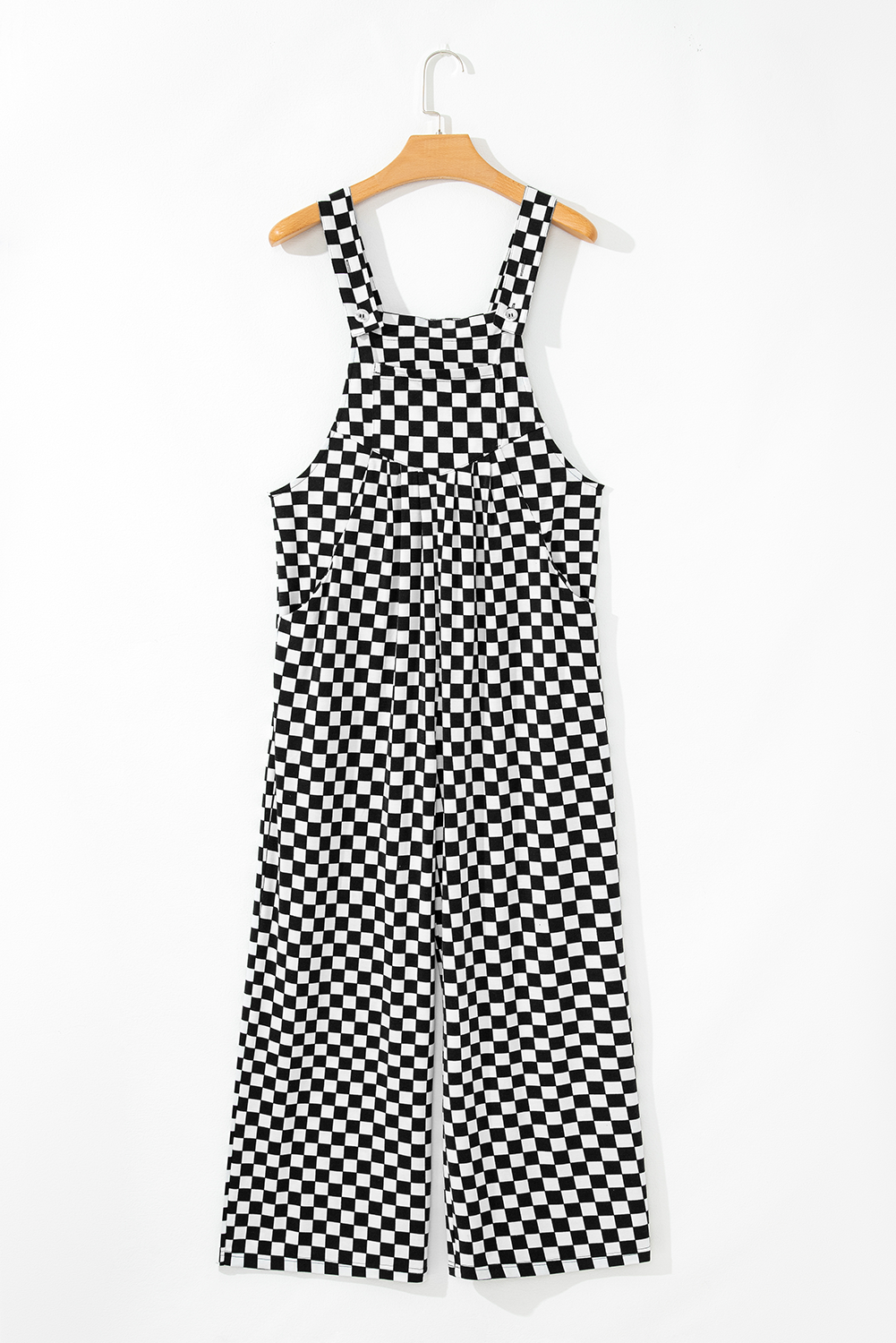 Black Checkered Print Pocketed Wide Leg Overall Shewin