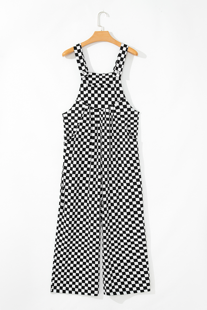 Black Checkered Print Pocketed Wide Leg Overall Shewin