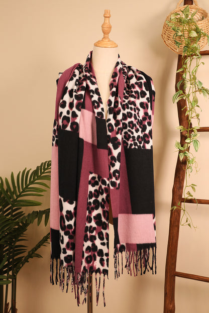 Rose Red Leopard Color Block Print Tassel Trim Terylene Scarf