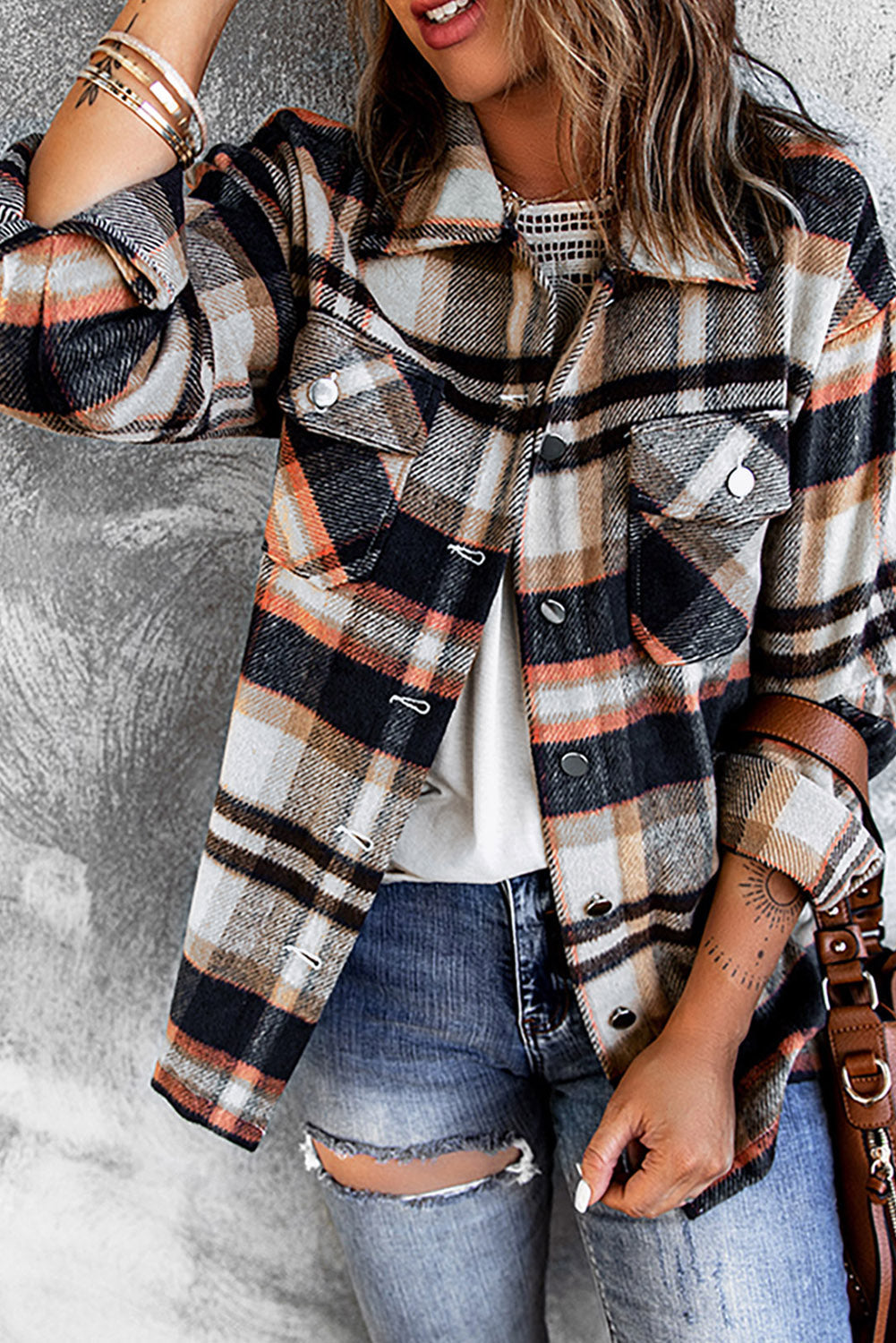 Brown Plaid Button Up Long Sleeve Flannel Shacket Shewin