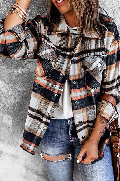 Brown Plaid Button Up Long Sleeve Flannel Shacket Shewin