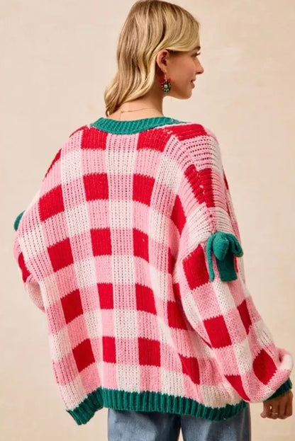 Pink Colorblock Checkered Open Front Knit Cardigan