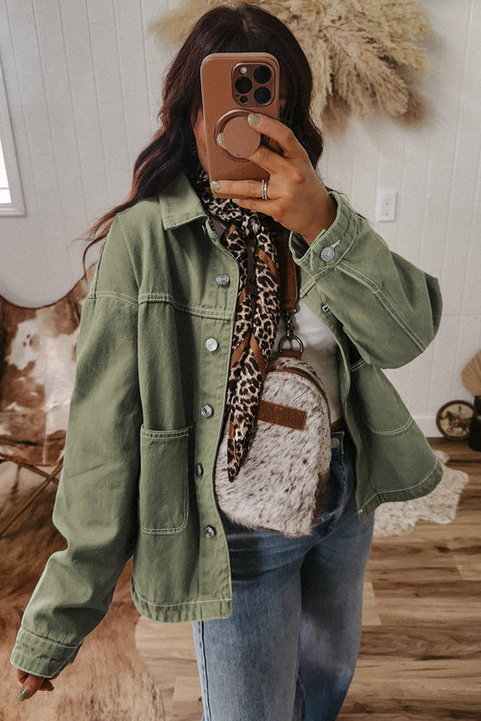Smoke Green Pocket Collared Button Front Denim Jacket Shewin