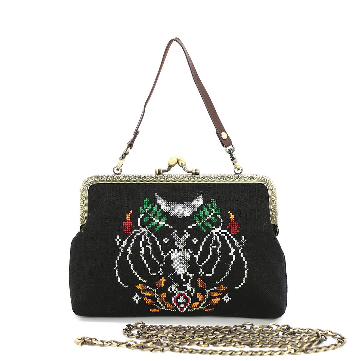 Skull Bat Vintage Kisslock Handbag in Linen Blend Quirks!